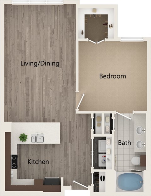 A floor plan of a small apartment with a living/dining area, kitchen, and bedroom.